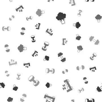 Set Broccoli, Time to sleep, Dumbbell and on seamless pattern. Vector Stock Illustration