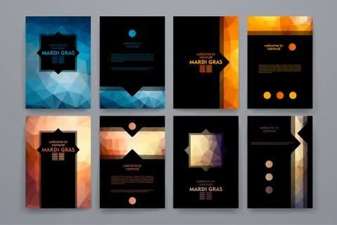 Set of brochures in poligonal style on Mardi Gras theme Stock Illustration