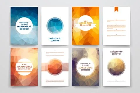 Set of brochures in poligonal style on Mardi Gras theme Stock Illustration