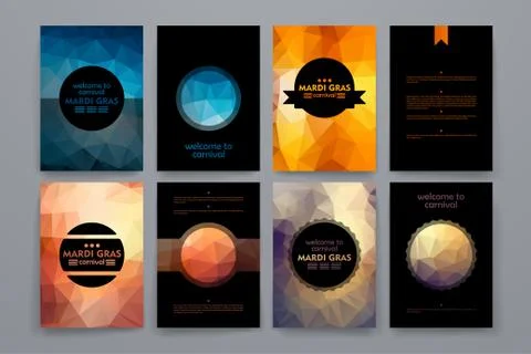 Set of brochures in poligonal style on Mardi Gras theme Stock Illustration