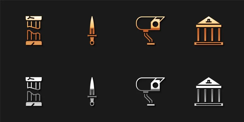 Set Broken ancient column, Dagger, Security camera and Museum building icon Ilustración de archivo