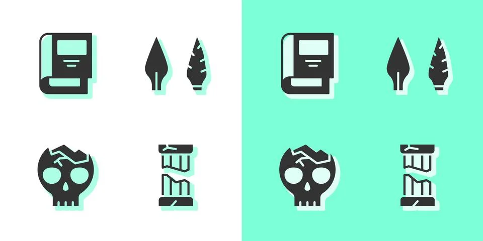 Set Broken ancient column, History book, human skull and Stone age arrow head Stock Illustration