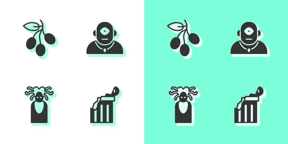Set Broken ancient column, Olives branch, Medusa Gorgon and Cyclops icon. Vector Stock Illustration