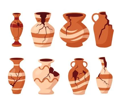 Set of Broken Ancient Vase set collection, Old greek jar vector. Cartoon cr.. Stock-Illustration
