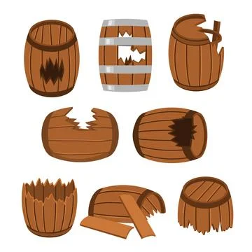Set of broken barrel set collection, vintage broken old wooden barrel set c.. Stock Illustration