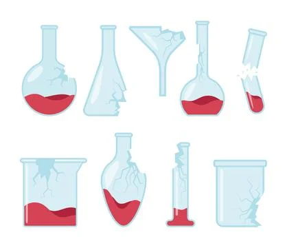 Set of broken beaker collection, Broken glass laboratory chemical measuring.. Stock Illustration