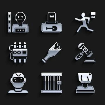 Set Broken bottle as weapon, Prison window, Kidnaping, Judge gavel, Thief mask Stock Illustration