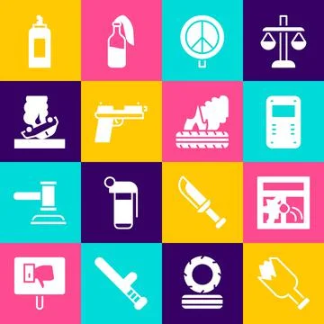 Set Broken bottle as weapon, window, Police assault shield, Peace, Pistol or gun Stock Illustration