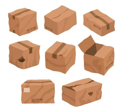 Set of broken box set collection, Damaged cardboard boxes, Cartoon broken p.. Stock Illustration