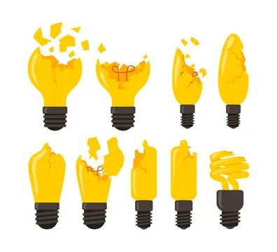 Set of broken bulb set collection, broken lamp or broken light bulb. Bad id.. Stock Illustration