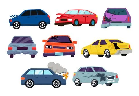 Set of broken car set collection, Car accident. Damaged transport on the ro.. Stock Illustration