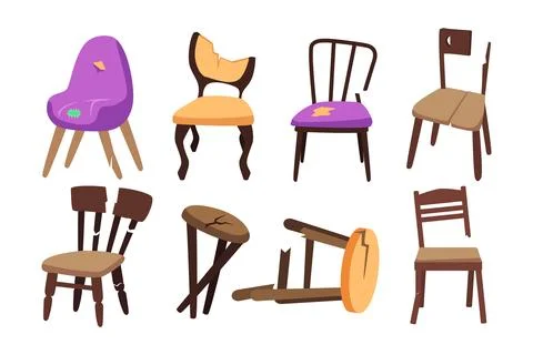 Set of broken chair set collection, Broken furniture illustration set outli.. Stock Illustration