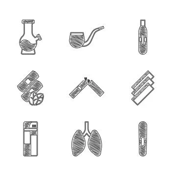 Set Broken cigarette, Lungs, Cigar, Cigarette rolling papers, Lighter, Medical イラスト素材
