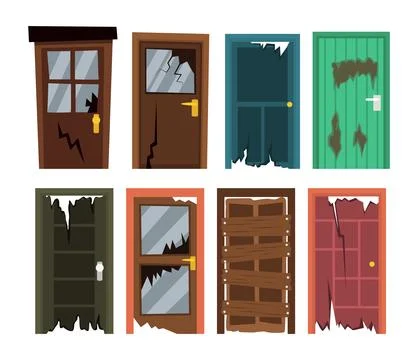 Set of broken door set collection, strict dark wood doors with glass insert.. Stock Illustration