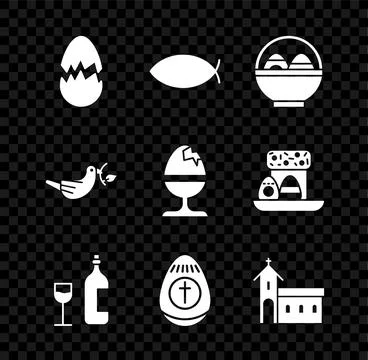 Set Broken egg, Christian fish, Basket with easter eggs, Wine bottle glass Stock Illustration