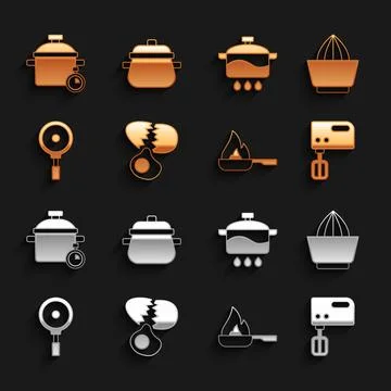 Set Broken egg, Citrus fruit juicer, Electric mixer, Frying pan, Cooking pot Stock Illustration