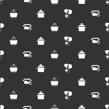 Set Broken egg, Cooking pot, Citrus fruit juicer and on seamless pattern. Vector Illustrazione stock