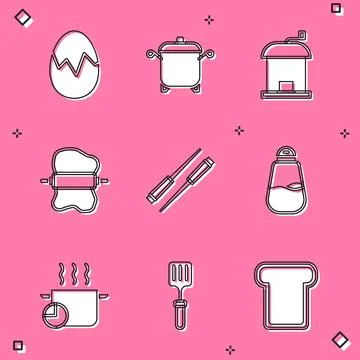 Set Broken egg, Cooking pot, Manual coffee grinder, Rolling pin on dough, Food Stock Illustration