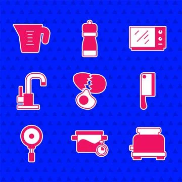 Set Broken egg, Cooking pot, Toaster, Meat chopper, Frying pan, Water tap Stock Illustration