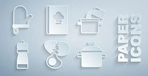 Set Broken egg, Cooking pot, Pepper, Cookbook and Oven glove icon. Vector Stock Illustration