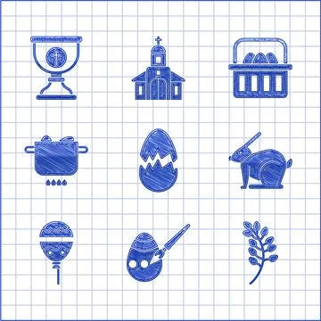 Set Broken egg, Easter and paint brush, Willow leaf, rabbit, Balloons with Stock Illustration