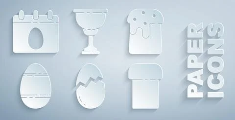 Set Broken egg, Easter cake, Christian chalice and Calendar with icon. Vector Stock Illustration