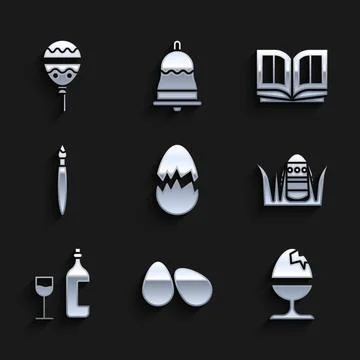 Set Broken egg, Easter eggs, Chicken on stand, Wine bottle with glass, Paint Stock Illustration
