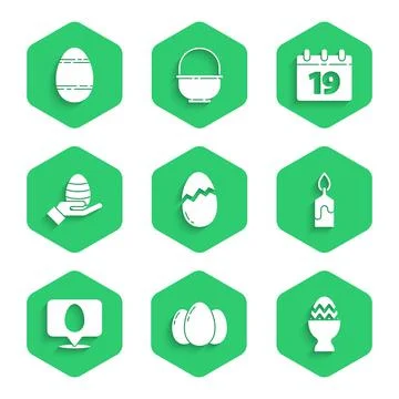 Set Broken egg, Easter eggs, on stand, Burning candle, Speech bubble with easter Stock Illustration