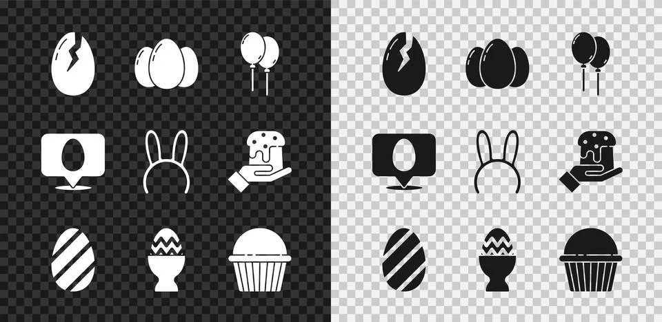 Set Broken egg, Easter eggs, Balloons with ribbon, stand, cake, Speech bubble Stock Illustration
