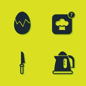 Set Broken egg, Electric kettle, Knife and Chef hat icon. Vector Stock Illustration