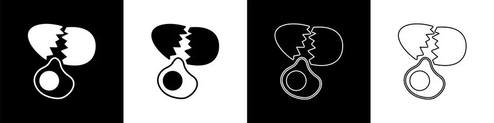 Set Broken egg icon isolated on black and white background. Happy Easter. Vector Illustrazione stock