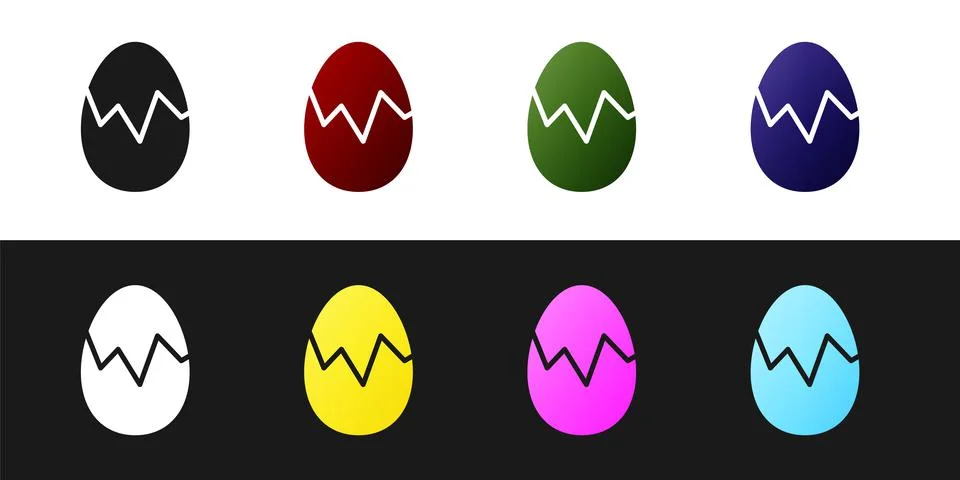 Set Broken egg icon isolated on black and white background. Happy Easter. Vector Illustrazione stock