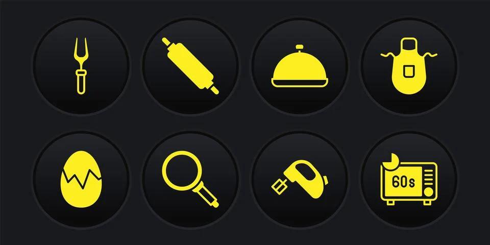 Set Broken egg, Kitchen apron, Frying pan, Electric mixer, Covered with tray of Stock Illustration