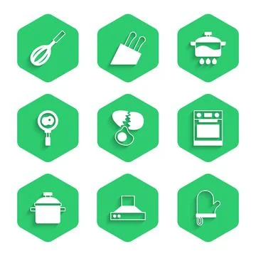 Set Broken egg, Kitchen extractor fan, Oven glove, Cooking pot, Fried eggs on Stock Illustration