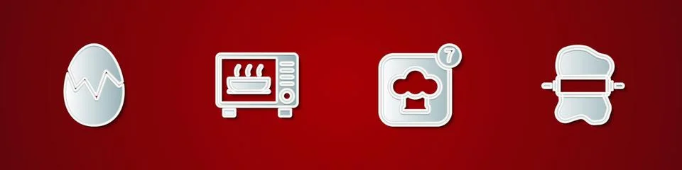 Set Broken egg, Microwave oven, Chef hat and Rolling pin on dough icon. Vecto Stock Illustration