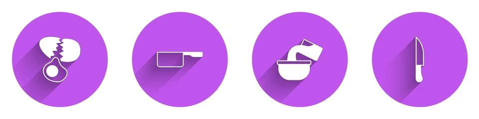 Set Broken egg, Saucepan, and Knife icon with long shadow. Vector Stock Illustration