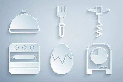 Set Broken egg, Wine corkscrew, Oven, Kitchen timer, Fork and Covered with .. Stockillustratie