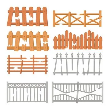 Set of broken fence set collection, Fencing, Destroy or break fencing, plan.. Stock Illustration