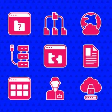 Set Broken file, Analyst engineer, Cloud computing lock, File document, Browser Stock Illustration