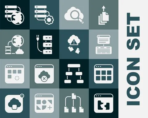 Set Broken file, Browser files, Server, Data, Web Hosting, Search cloud Stock Illustration