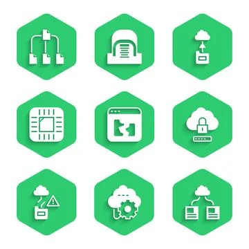 Set Broken file, Cloud technology data transfer, computing lock, Processor with Stock Illustration