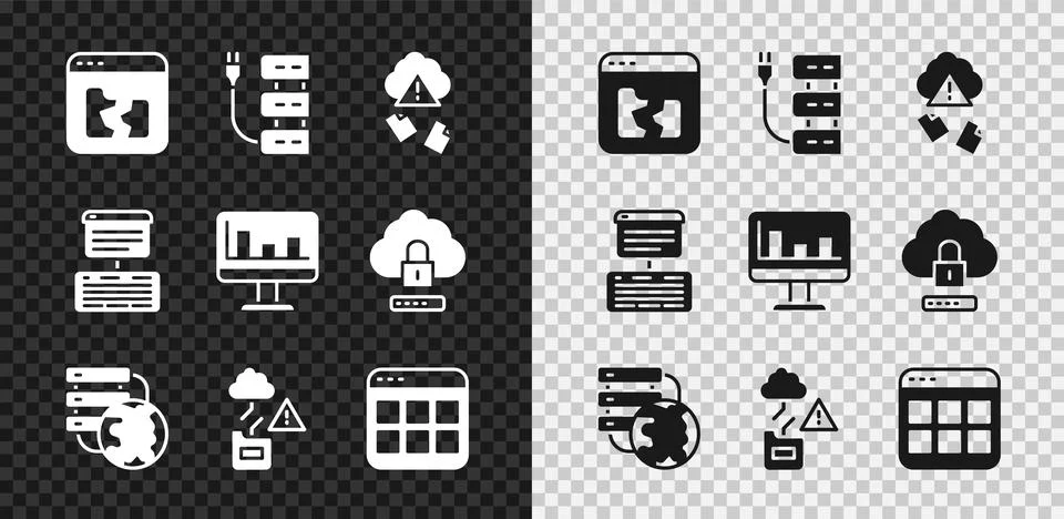 Set Broken file, Server, Cloud hacking, Network cloud connection, technology Stock Illustration