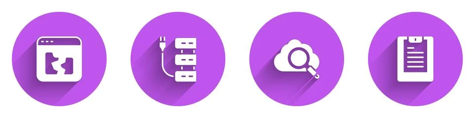 Set Broken file, Server, Search cloud computing and Data report icon with long 스톡 일러스트
