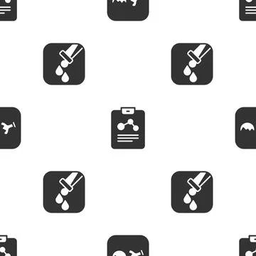 Set Broken flask, Chemistry report and Test tube and on seamless pattern. Vector Illustrazione stock