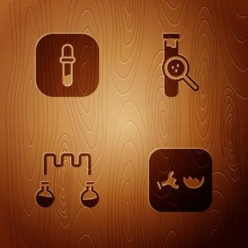 Set Broken flask, Pipette, Test tube and and on wooden background. Vector Illustrazione stock