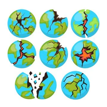 Set of broken globe collection, broken earth with cracks cartoon, holes and.. Illustrazione stock