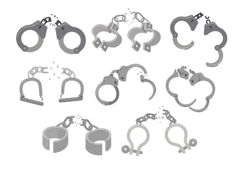 Set of broken handcuffs set collection, breaking chains cartoon, breaking c.. Stock Illustration