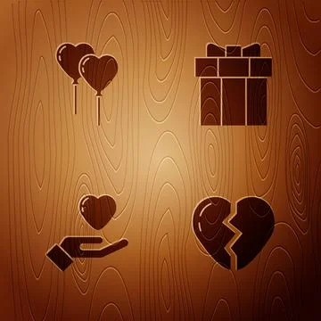 Set Broken heart, Balloons in form of, Heart hand and Gift box on wooden back Stock Illustration