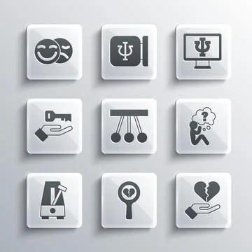 Set Broken heart or divorce, Head with question mark, Pendulum, Metronome Stock Illustration