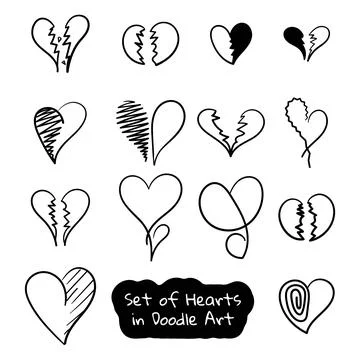 Set of broken heart in shape design with doodle art hand drawn in various d.. Stock Illustration